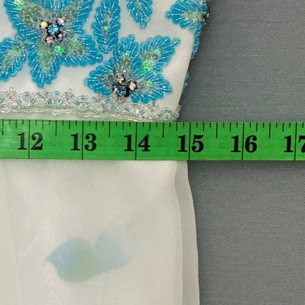VTG Tony Bowls Le Gala Woman Dress 14 White Blue Floral Beaded Ethereal Romantic - Picture 11 of 16